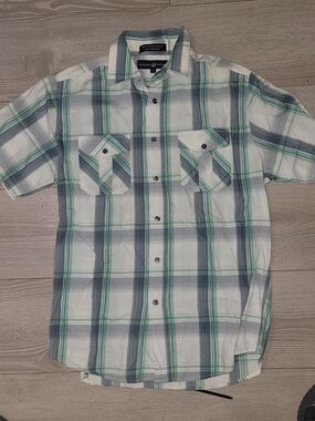 Beverly Hills Polo Club White, Green & Gray Plaid Short Sleeve Button-Down